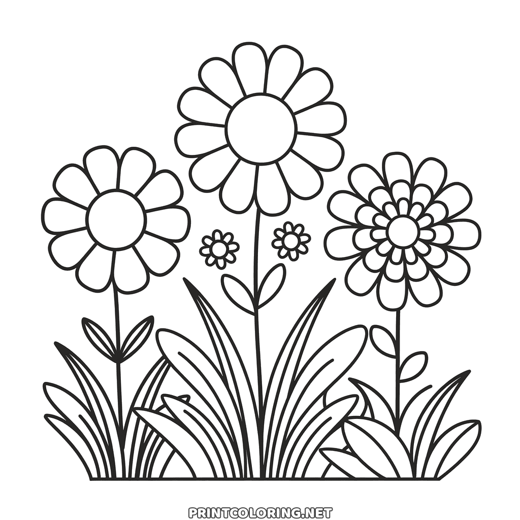 Spring flowers coloring page: daisies of different sizes rising out of tall grass
