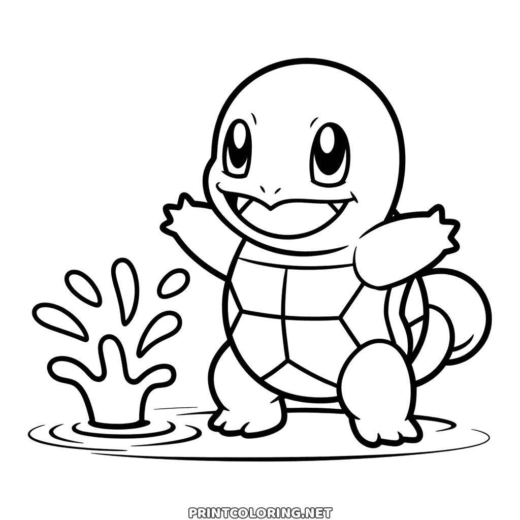 Pokémon Squirtle coloring page: standing on his shell with a splash of water arcing beside him