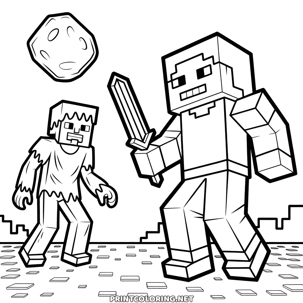Minecraft zombie coloring page: Steve raising his sword as a zombie shuffles toward him