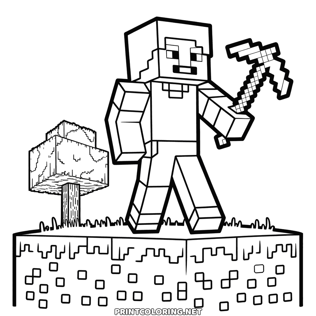 Minecraft Steve coloring page: Steve on a grass block holding a pickaxe, a blocky tree behind