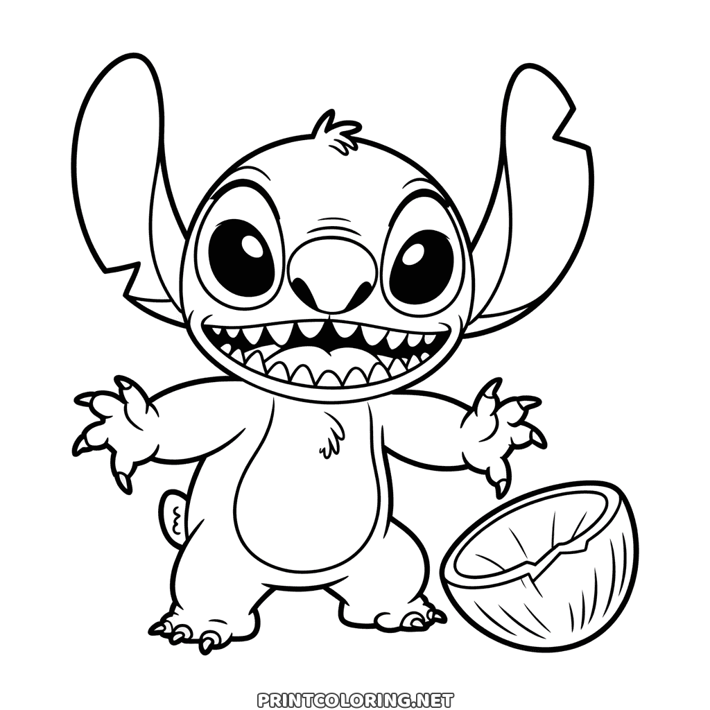 Vild Stitch med åben mund og spredte kløer ved en halv kokosnød, tegning til børn