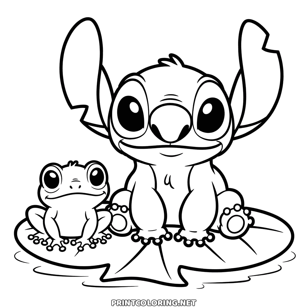 Omalovánka Stitch a žabka: Stitch sedí na leknínu vedle malé žabky, velké tvary