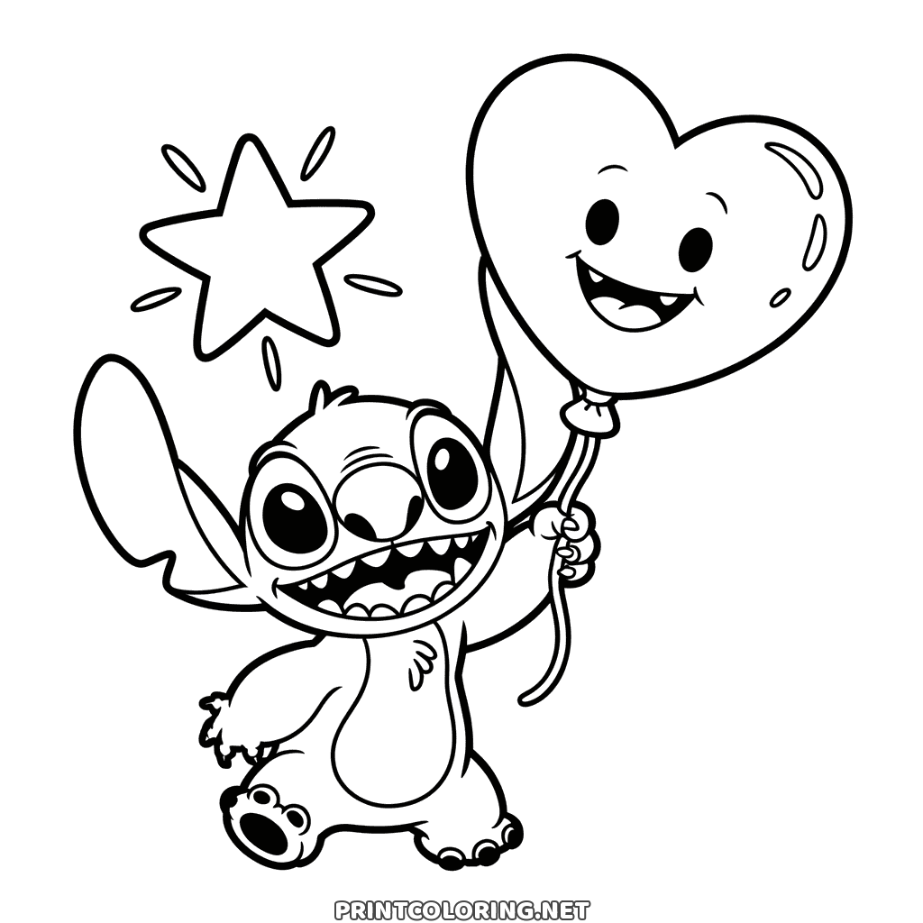 Stitch holding a smiling heart-shaped balloon, a shining star above, Valentine coloring page