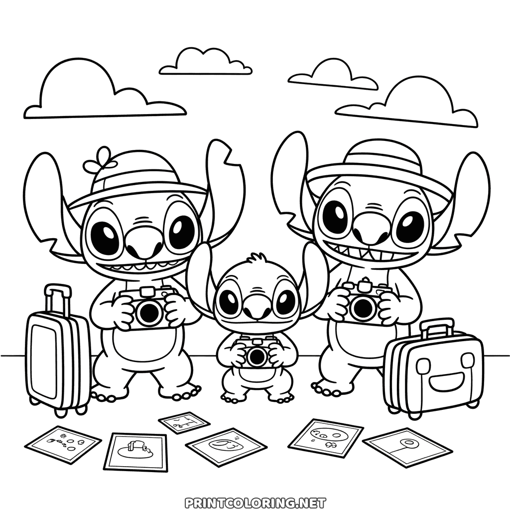 Stitch and two alien friends with cameras and sun hats, two suitcases and photos on the ground, coloring page