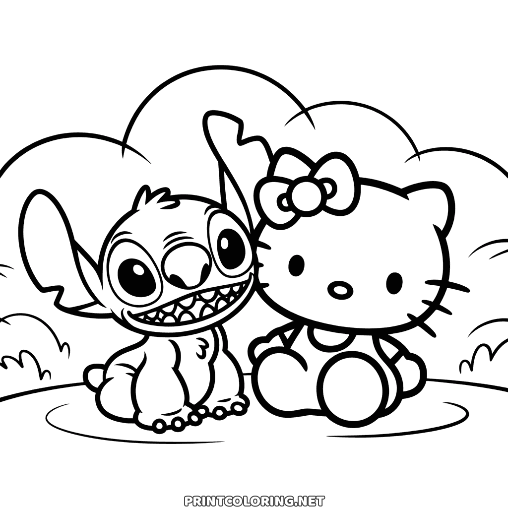 Stitch und Hello Kitty Ausmalbild: die beiden Freunde sitzen nebeneinander unter einer großen Wolke