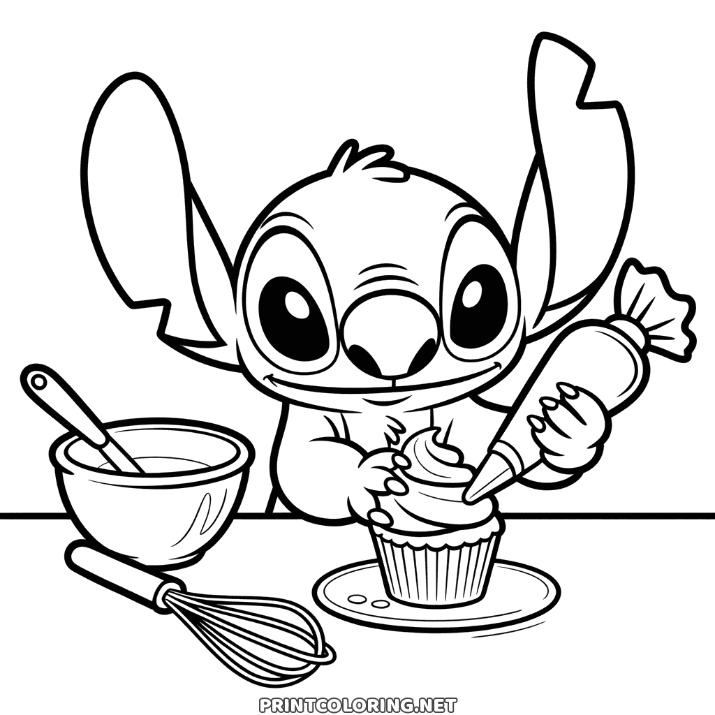 Stitch piping frosting onto a cupcake, a whisk and a bowl beside him, printable page to color