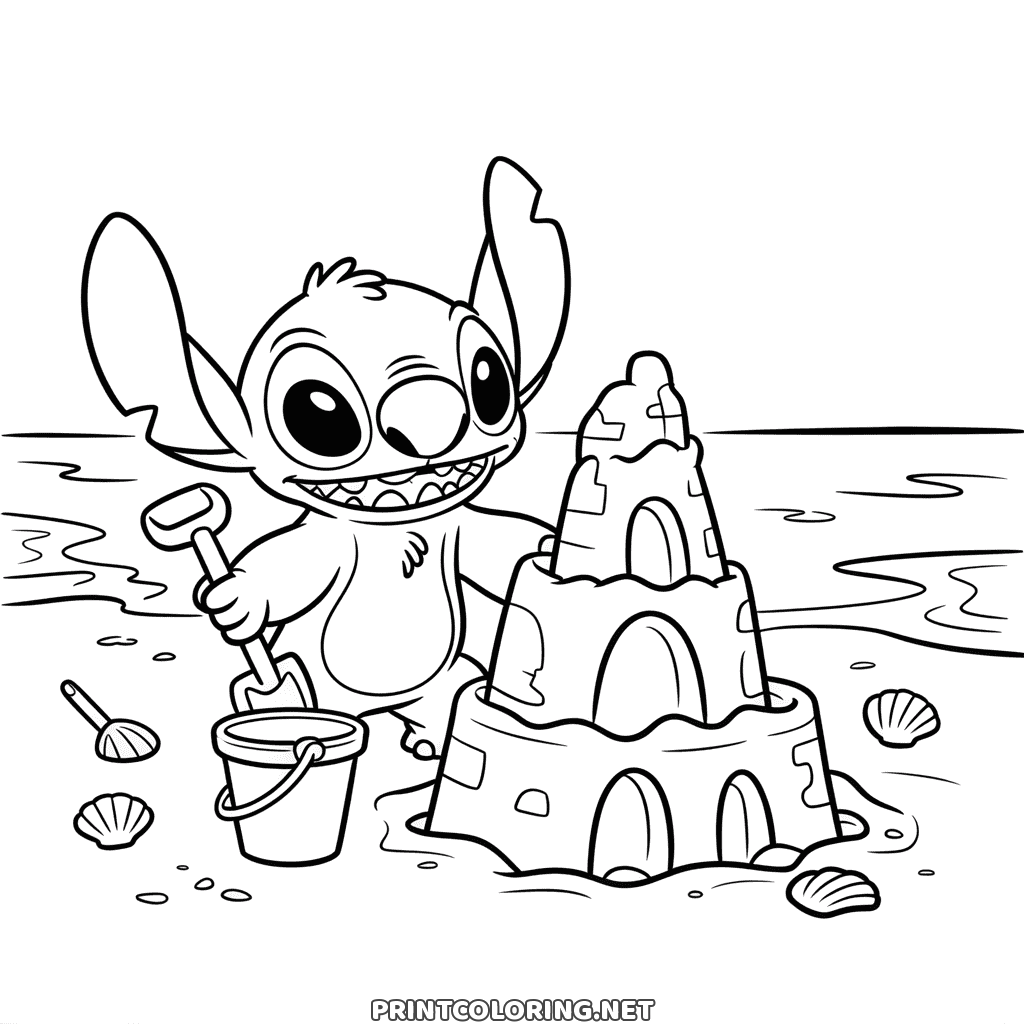 Omalovánka Stitch na pláži: s lopatkou a kyblíkem vedle vysokého hradu z písku