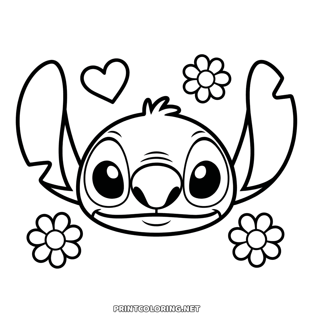 Printable Stitch face coloring page filling the sheet, three flowers and one heart