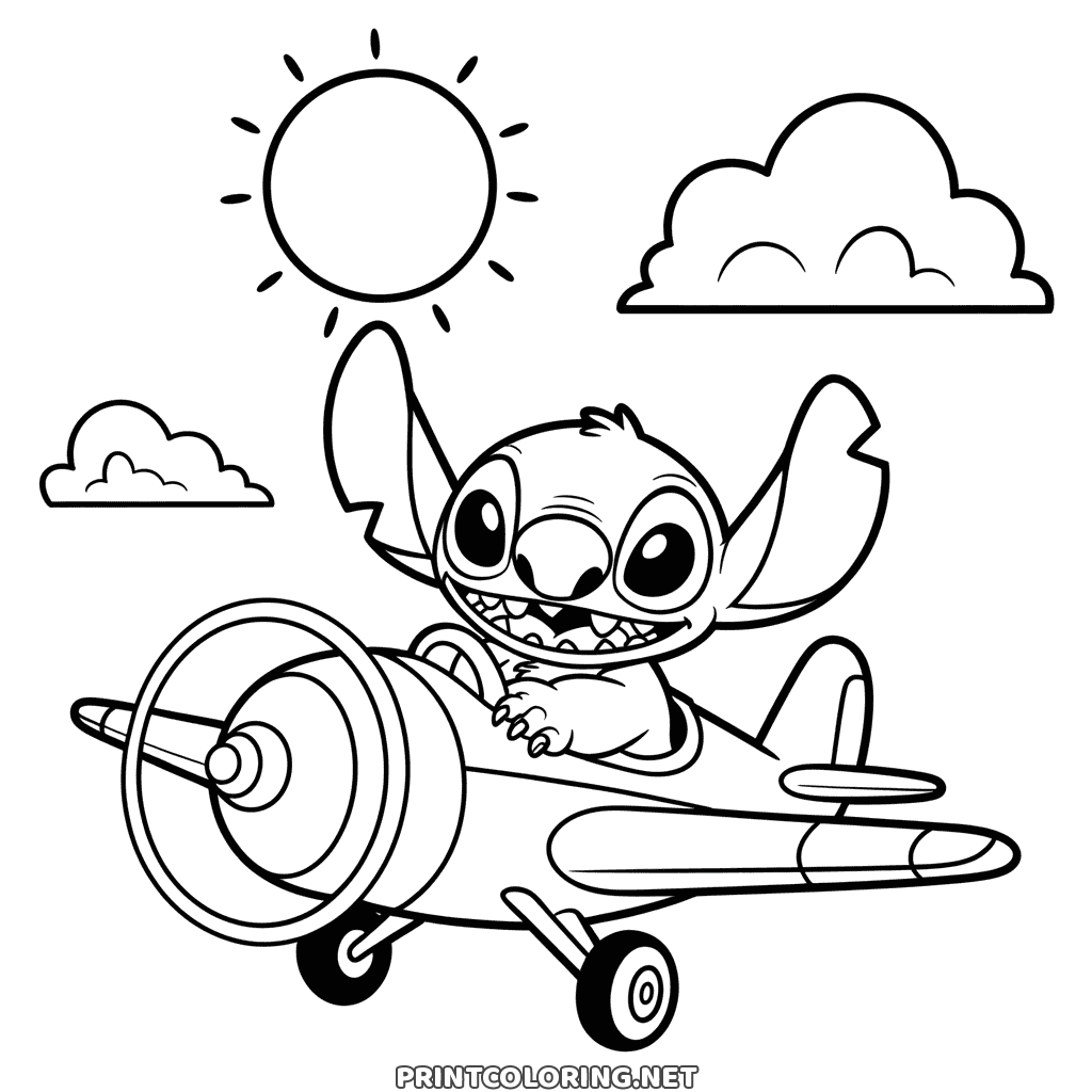 Omalovánka Stitch v letadle: pilotuje malé vrtulové letadlo pod sluncem a mraky