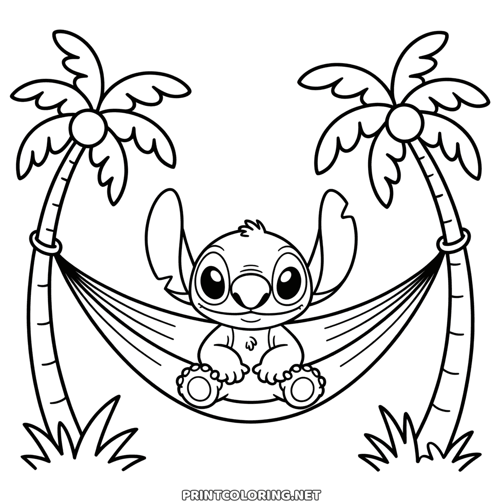Omalovánka Stitch v houpací síti: odpočívá mezi dvěma palmami na ostrově