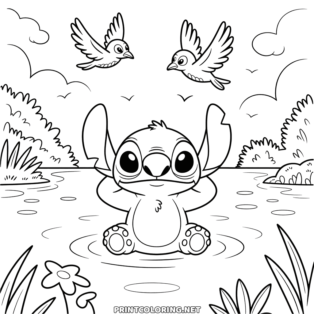 Stitch sitting in a pond with his hands behind his head, two birds flying over, coloring page for kids