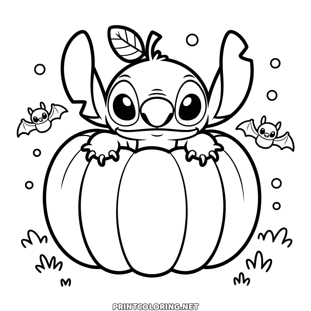 Stitch peeking out of a big ribbed Halloween pumpkin with two bats, easy page to color