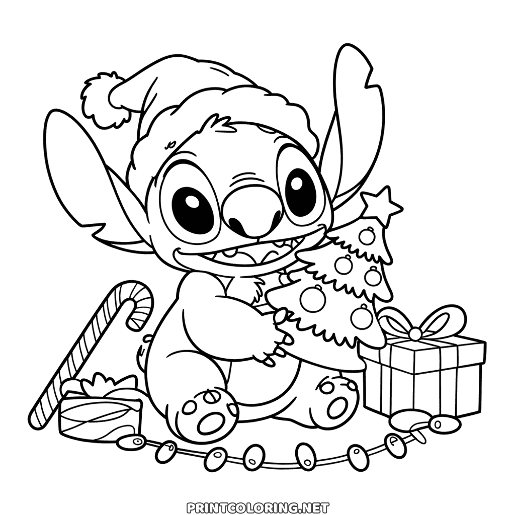 Målarbild på Stitch till jul att skriva ut: i luva kramar han en liten gran