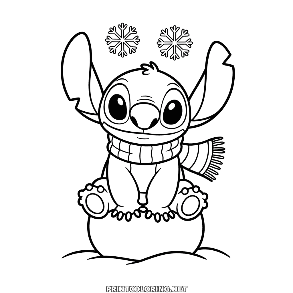 Stitch in a knitted scarf sitting on a snow mound under two snowflakes, easy coloring page