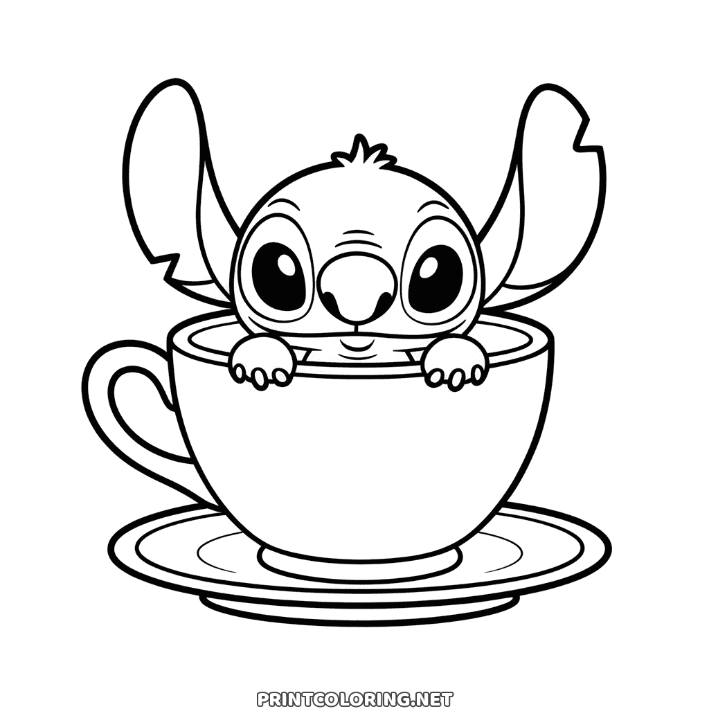 Stitch in a teacup coloring page: his head and two paws peeking over the rim of a cup on a saucer