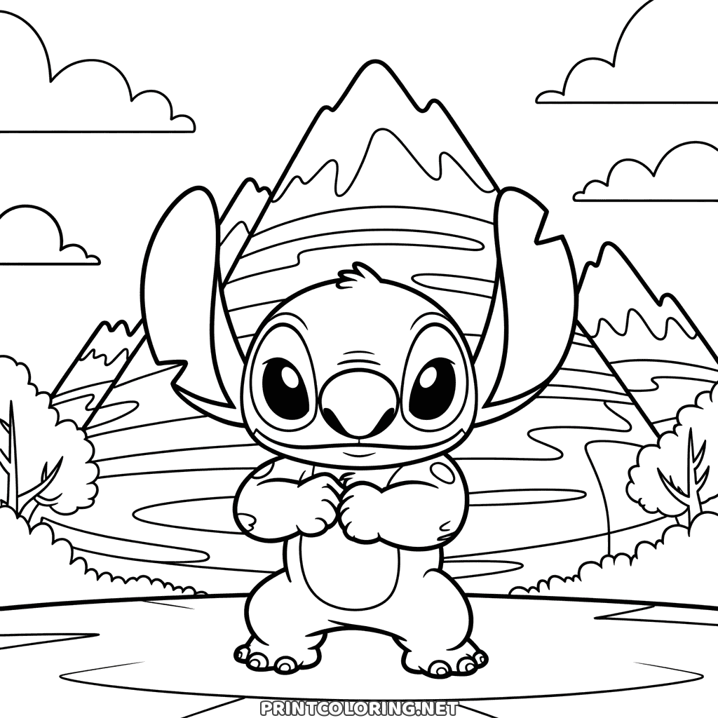 Stitch in front of snowy mountains with a winding path and bushes, printable coloring page