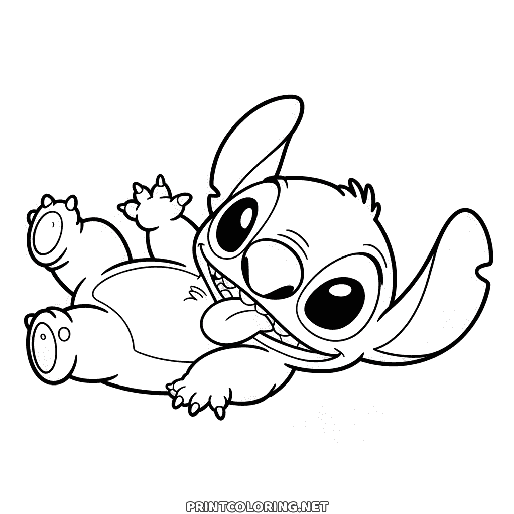 Easy Stitch coloring page: sprawled on his back laughing with his feet in the air