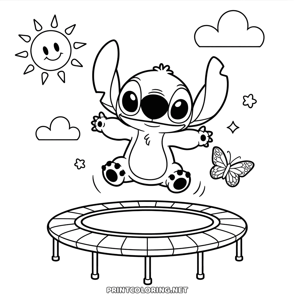 Easy coloring page of Stitch jumping over a round trampoline under a smiling sun, a butterfly beside him