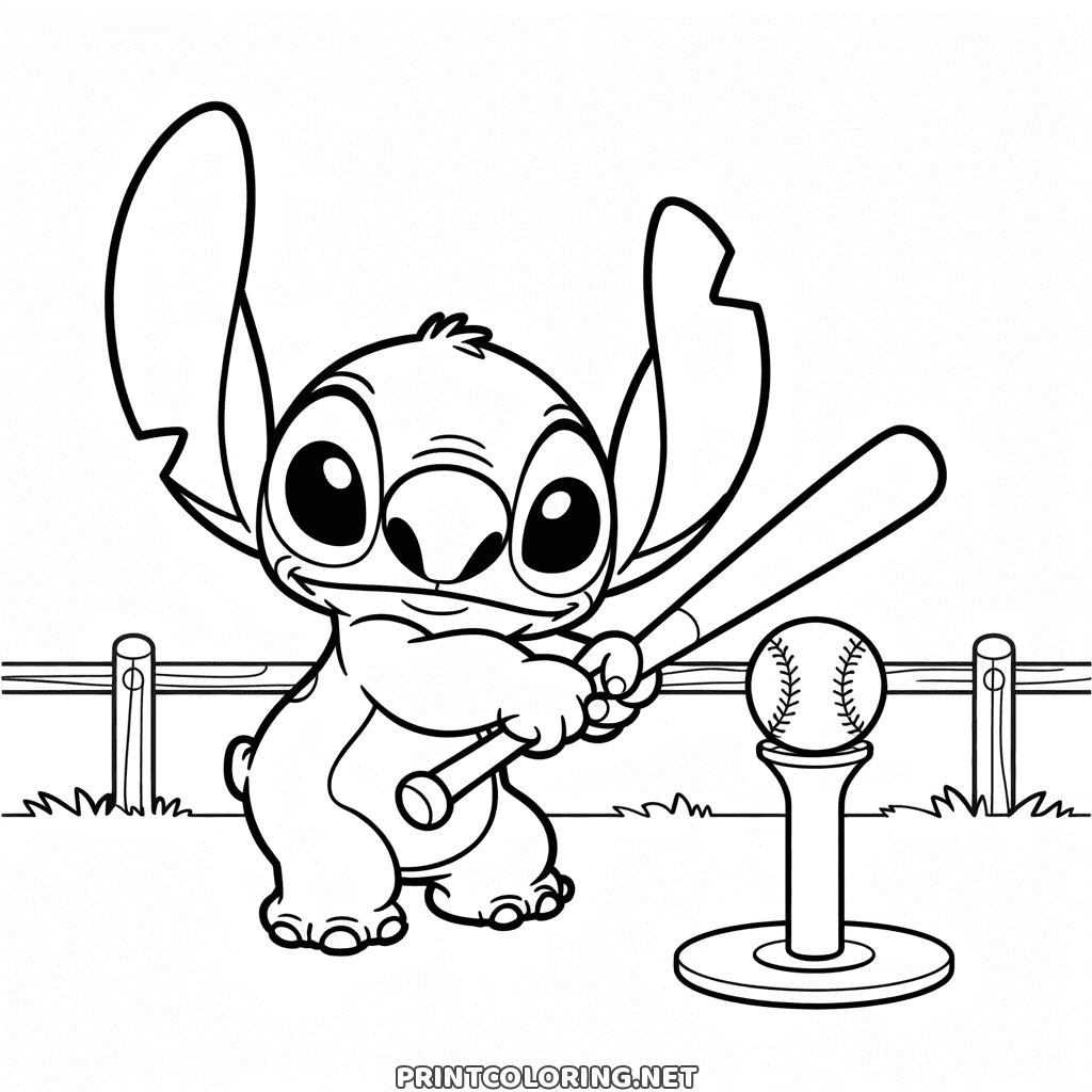 Stitch baseball coloring page: swinging a bat at a ball on a tee in front of a wooden fence