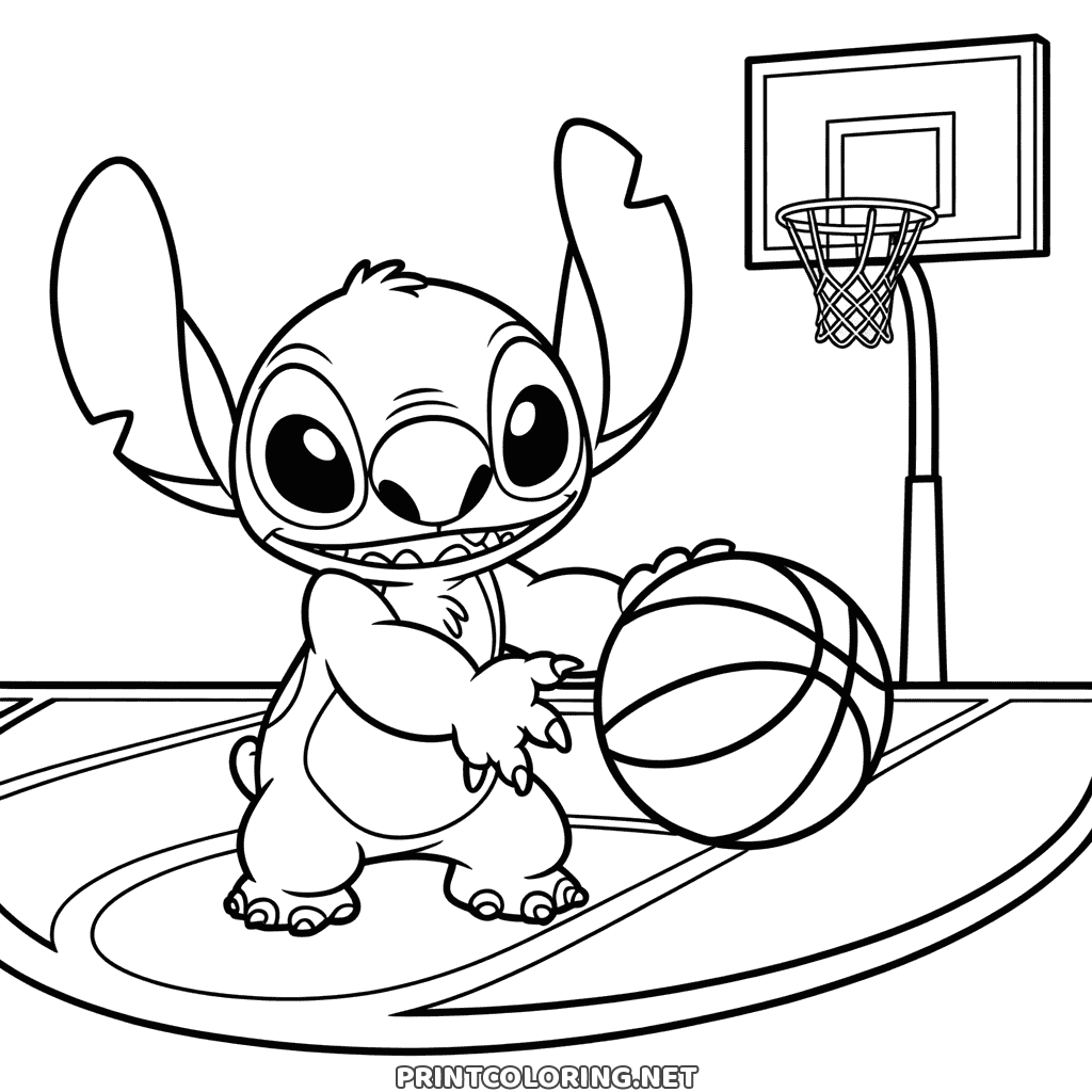 Printable Stitch basketball coloring page: dribbling on a court with the hoop and net behind him