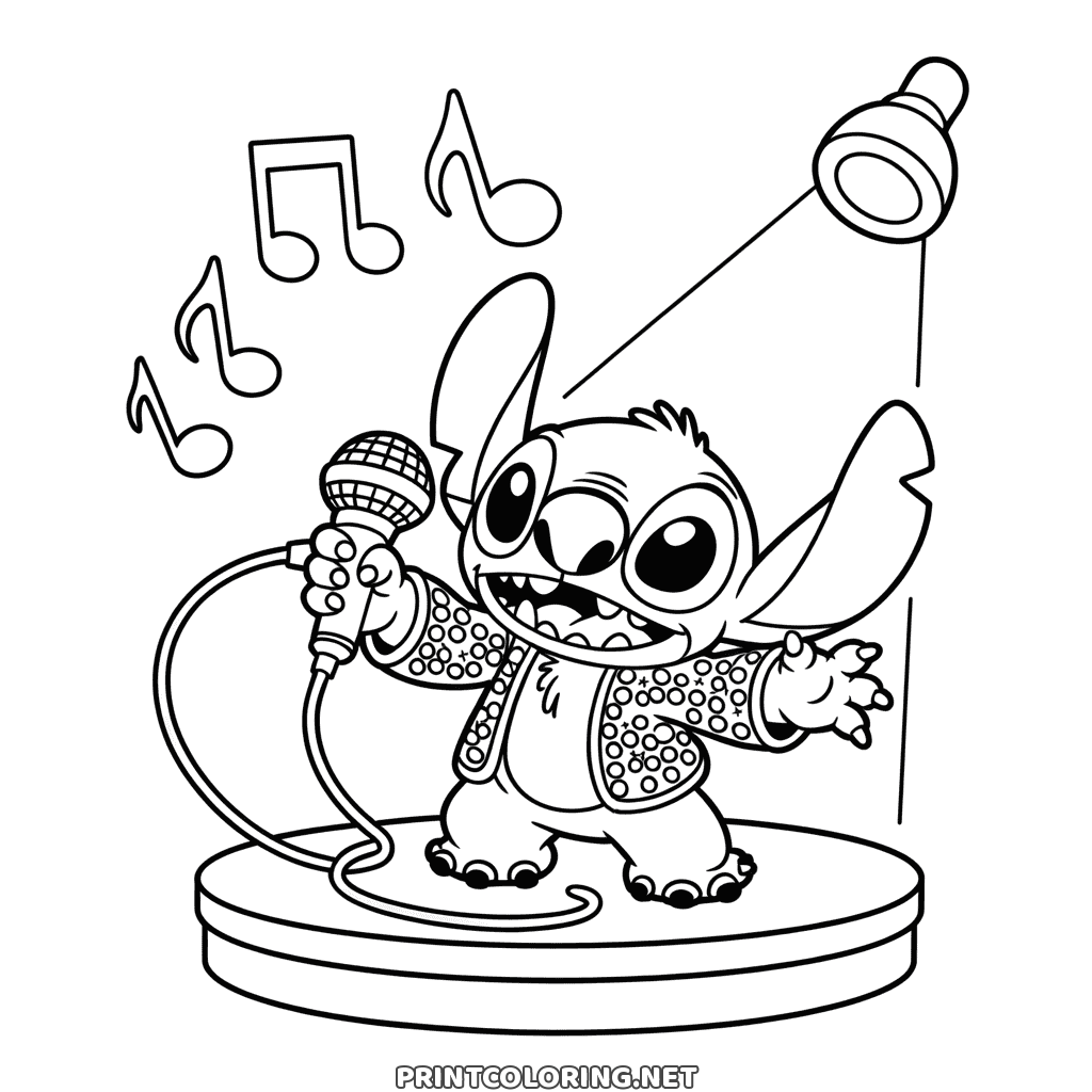 Stitch singing coloring page: a sequinned jacket, a microphone on a round stage and a spotlight above