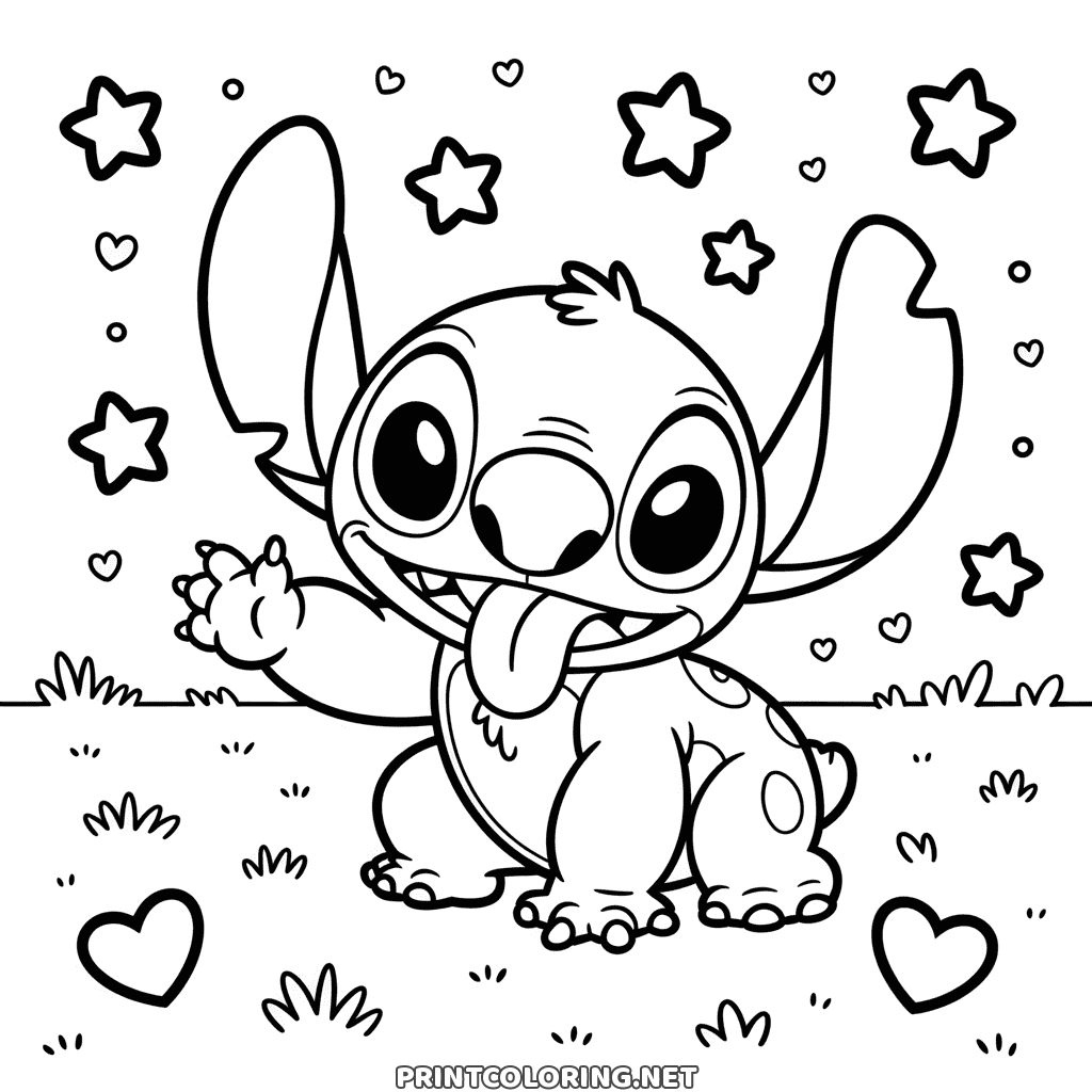 Söt Stitch räcker ut tungan och lyfter en arm, målarbild med stjärnor och hjärtan runt om