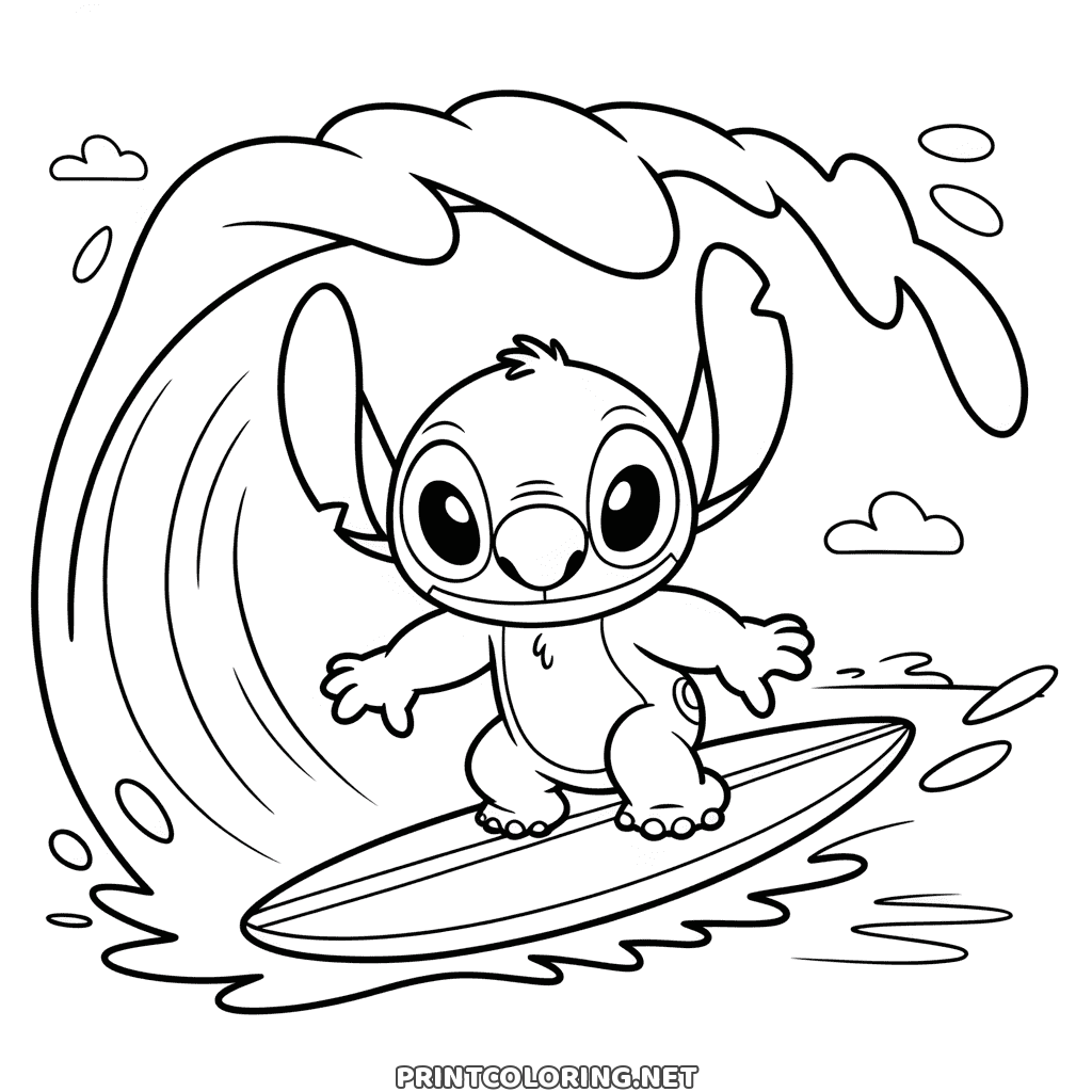 Riding the curl of a breaking wave on his board, a free Stitch coloring page to print