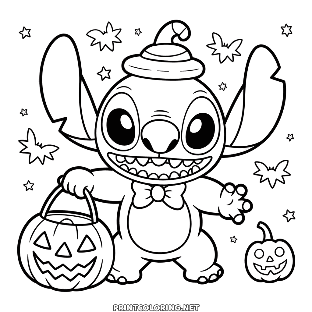 Stitch in a pumpkin hat with a carved Halloween bucket and falling leaves, page to color