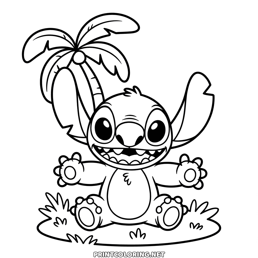 Grinning Stitch with his arms open wide under a palm tree, cute coloring page for kids