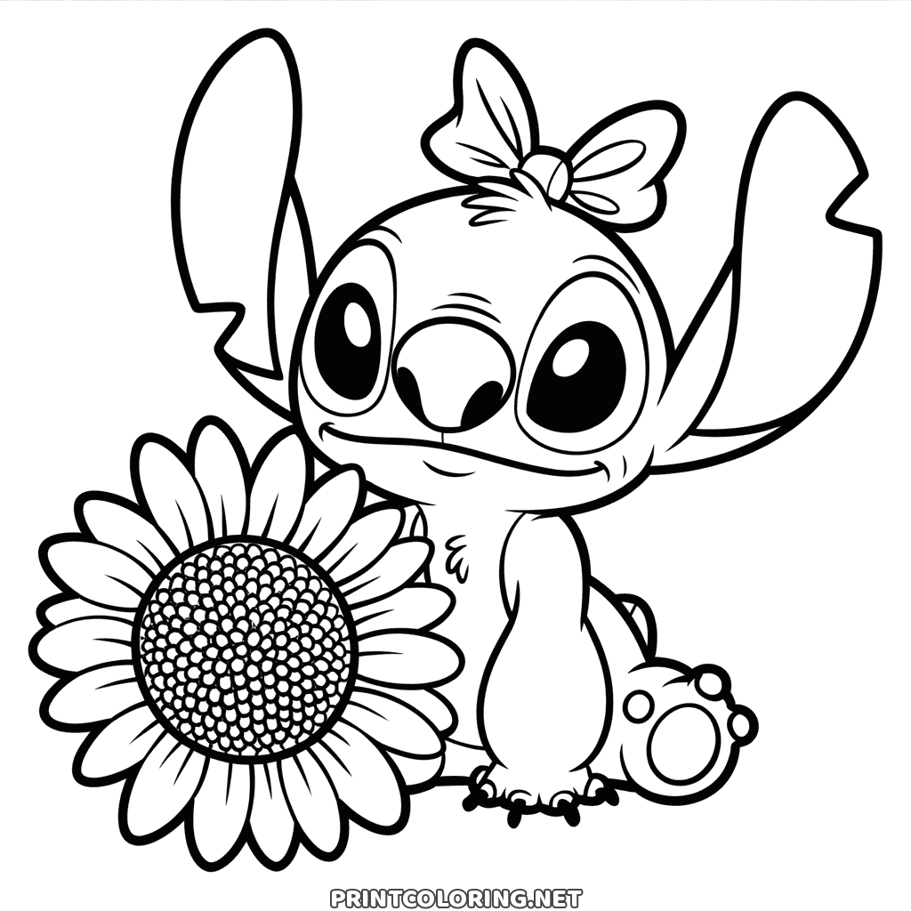 Stitch with a bow on his head beside a big sunflower, cute coloring page to print