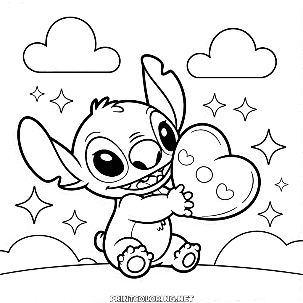 Cute drawing of Stitch hugging a big heart to color, clouds and sparkles around him