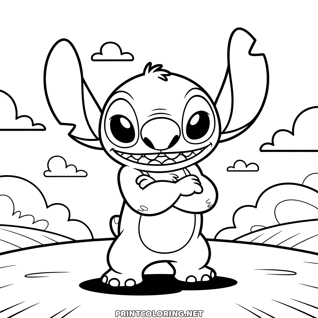 Stitch Ausmalbild für Kinder: er steht mit verschränkten Armen und frechem Grinsen auf einer Hügelwiese