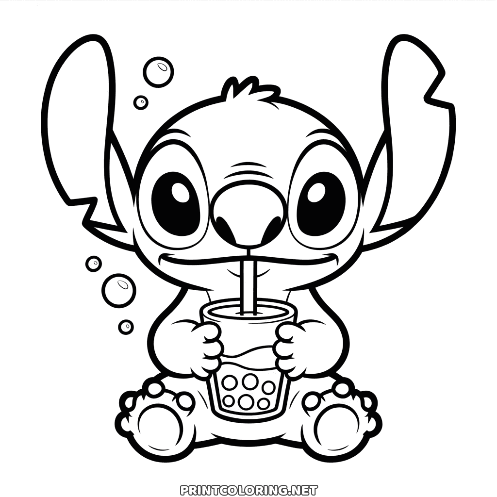 Roztomilá omalovánka Stitch: srká bubble tea brčkem, v kelímku tapiokové kuličky