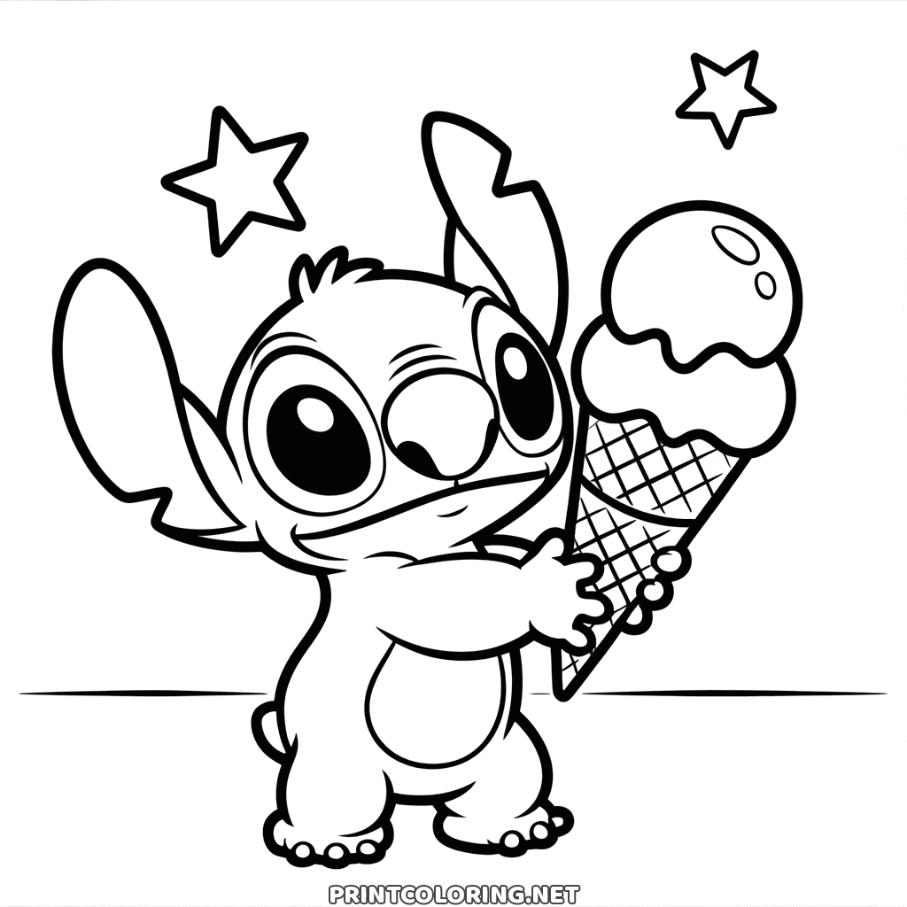 Kawaii drawing of Stitch holding a two scoop cone, free to print and color at home