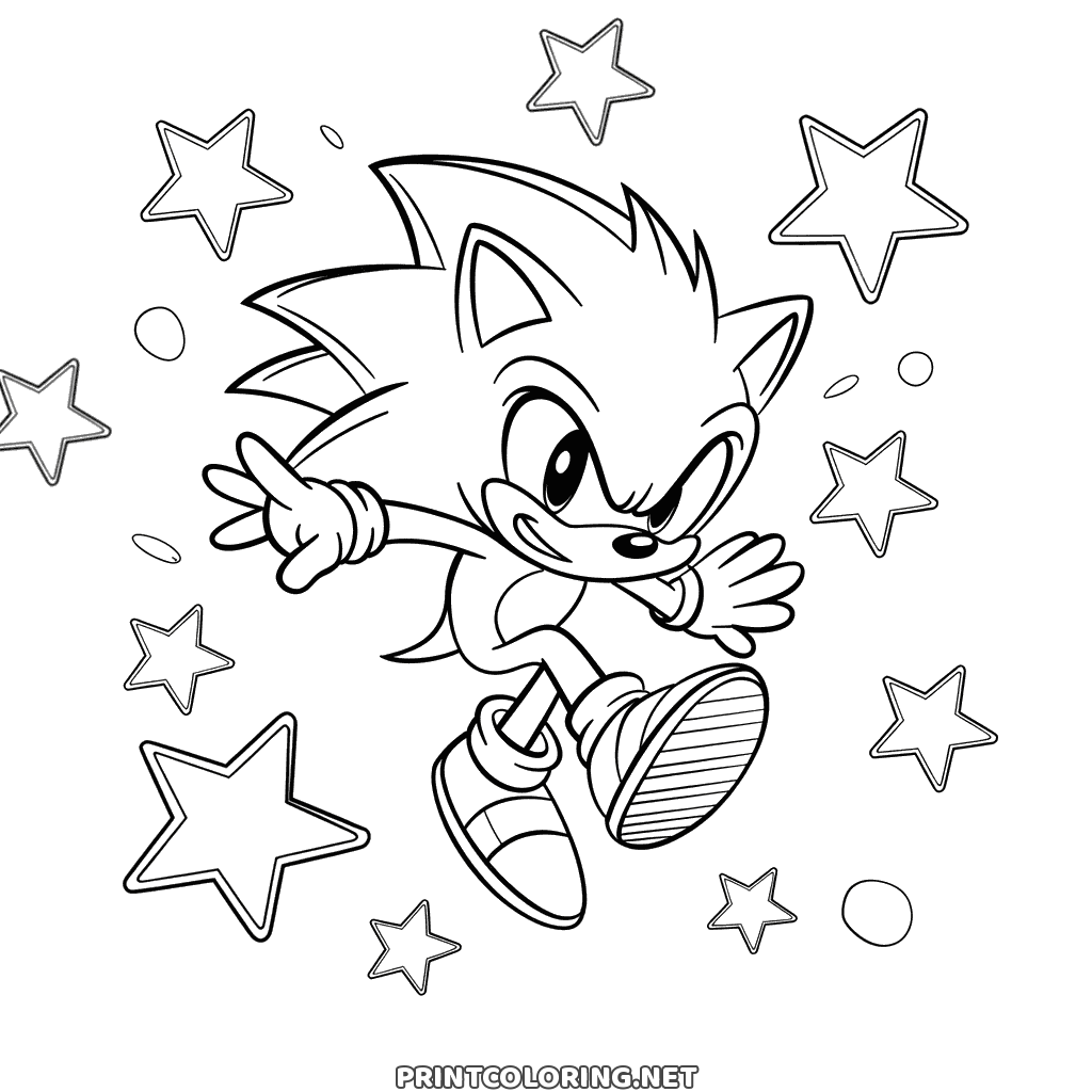 Super Sonic Ausmalbild: Sonic fliegt durch einen Himmel voller Sterne, die Stacheln aufgestellt