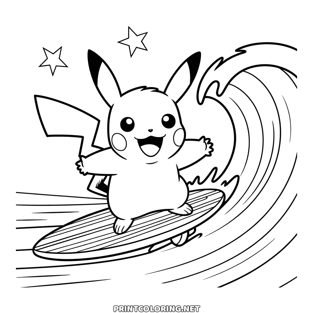 Pokémon coloring page: Surfing Pikachu riding a board inside the curl of a breaking wave