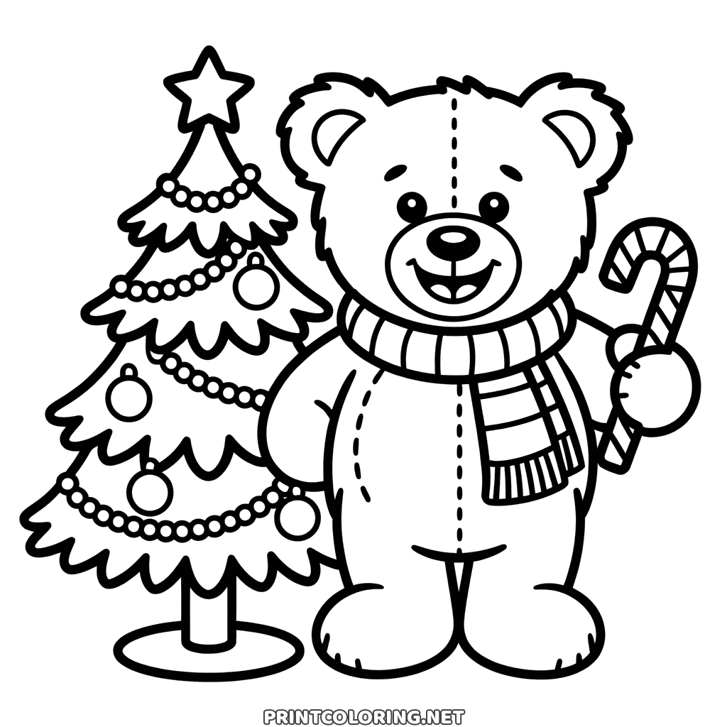 Teddybär Weihnachten Ausmalbild: genähter Teddy mit Schal hält eine Zuckerstange neben dem Baum