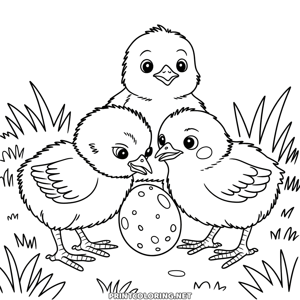 Three fluffy baby chicks gathered around a speckled egg in the grass, little chick coloring page