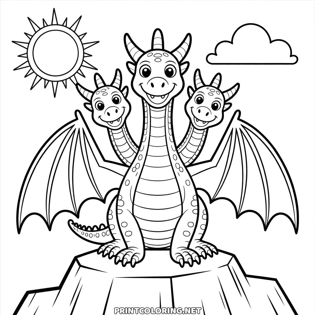 Three-headed dragon coloring page with friendly faces, wings spread on a rock
