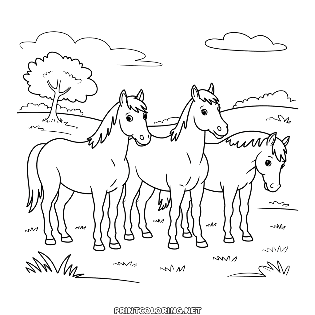 Three horses coloring page: three of different sizes in a field with a tree