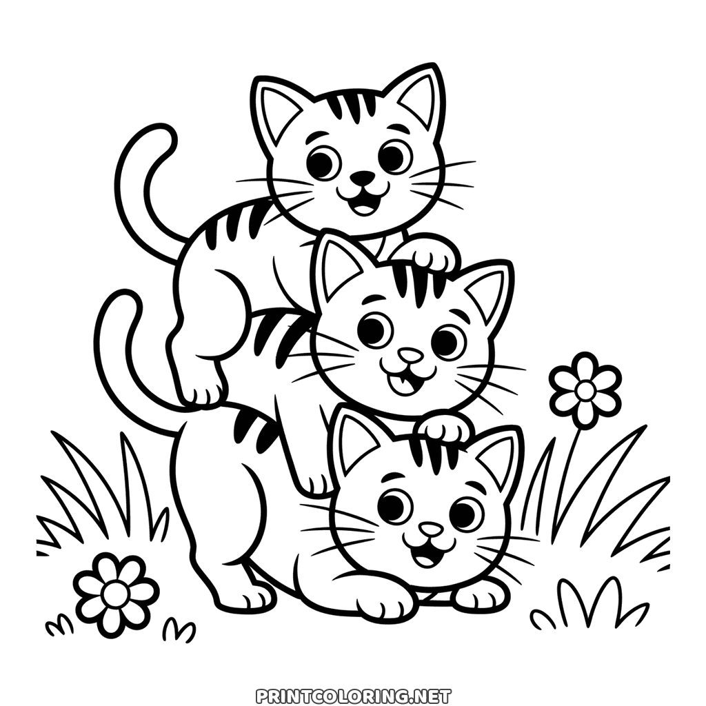 Three kittens coloring page: three piled together in the grass with flowers