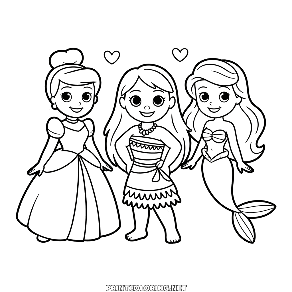 Three princesses coloring page: standing together, one with a mermaid tail, hearts above
