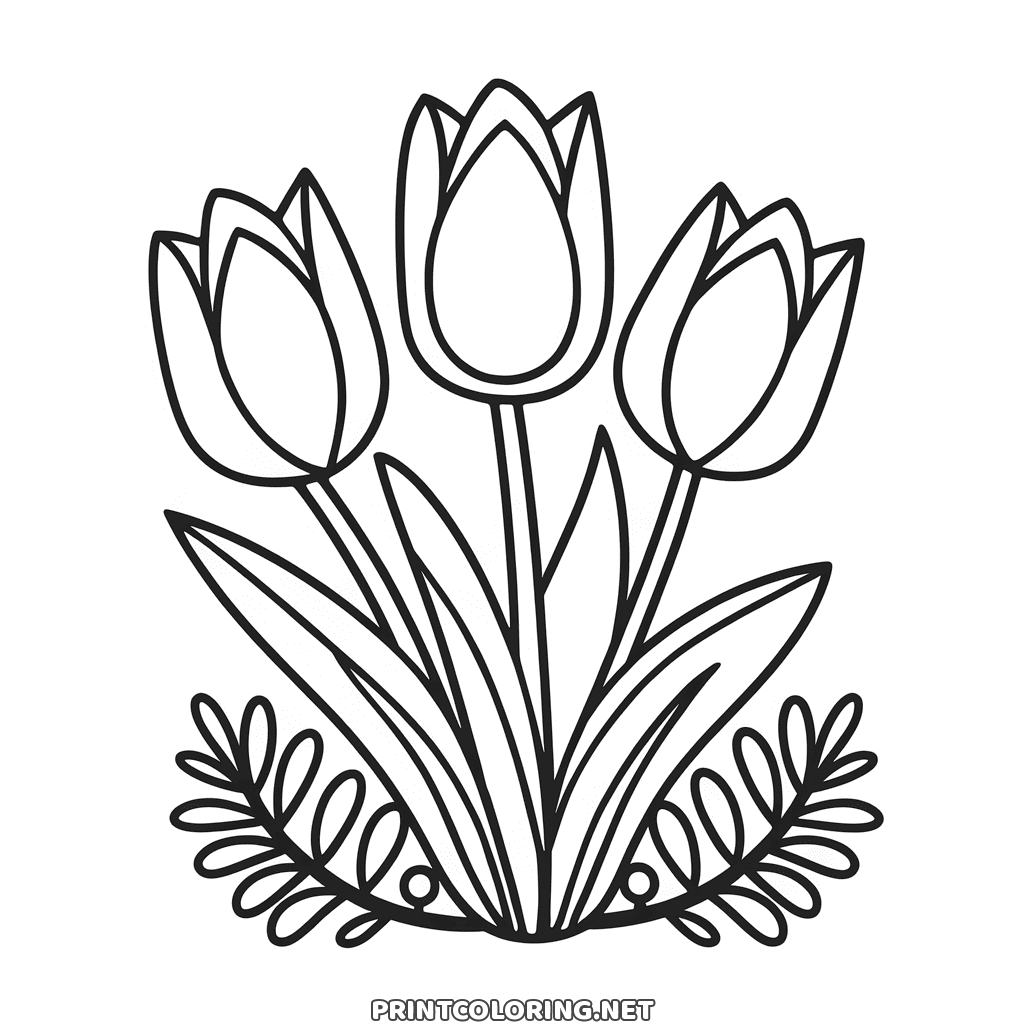 Tulips coloring page: three tulips on long stems among tall leaves, thick simple lines