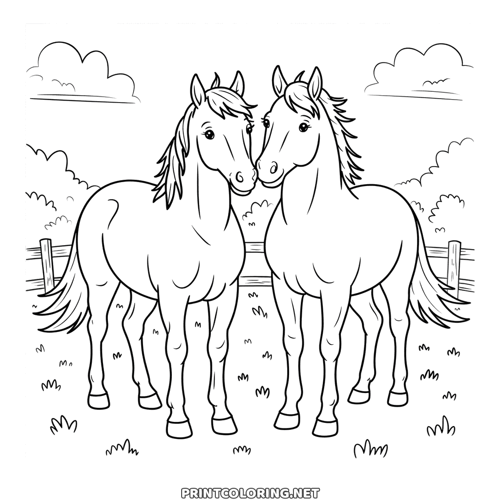 Two horses coloring page: standing nose to nose in a field with a fence behind
