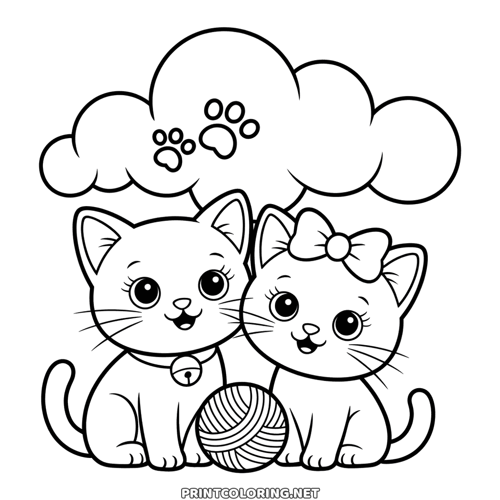 Two kittens coloring page: sitting side by side with a ball of wool between them