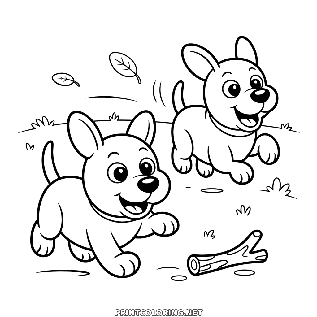 Two puppies coloring page, free for kids: playing in the grass with a stick between them