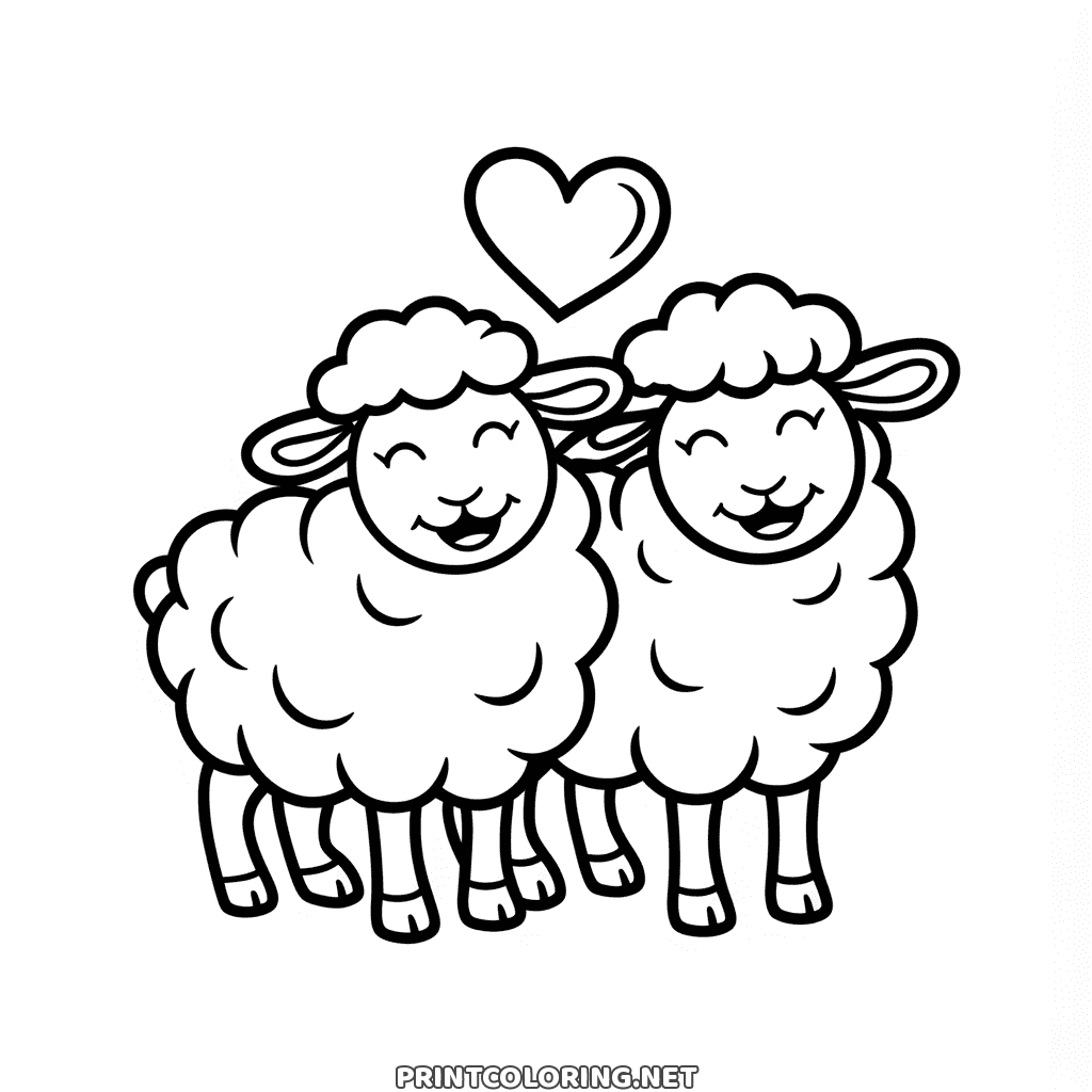 Two cute sheep coloring page: a laughing pair standing side by side under a big heart