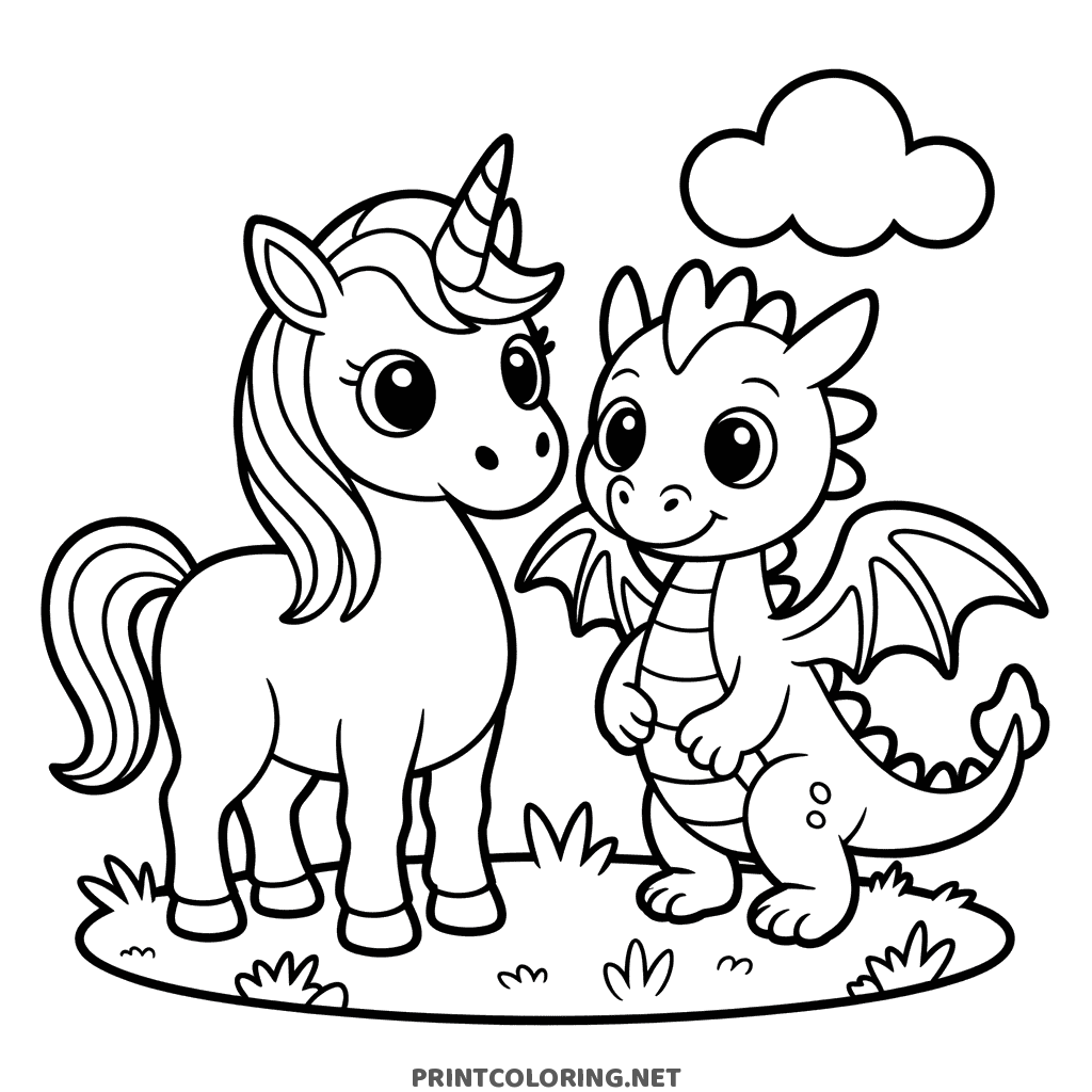 Unicorn and baby dragon coloring page standing together in a grassy field under a cloud