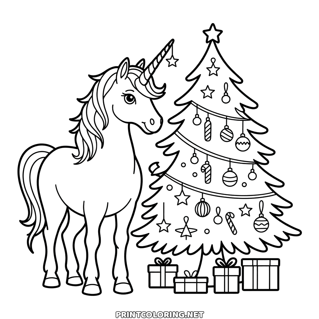 Unicorn and Christmas tree coloring page: a unicorn beside a tall decorated fir