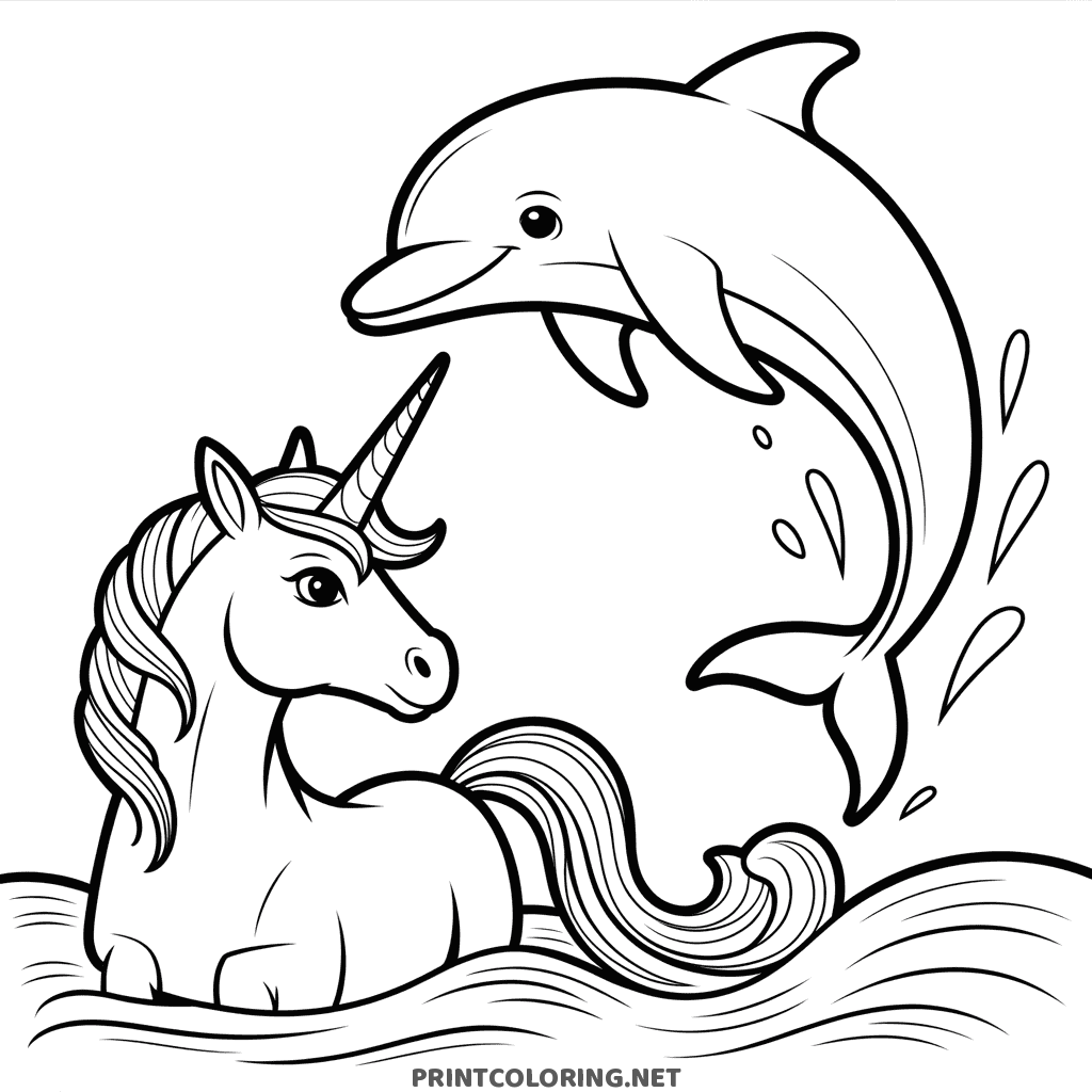 Unicorn and dolphin coloring page with the dolphin leaping over ocean waves